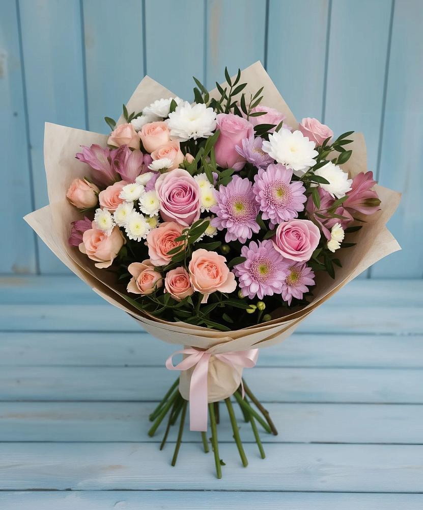 Букет цветов из: Хризантемы, Розы и Альстромерии в Станционно-Ояшинском