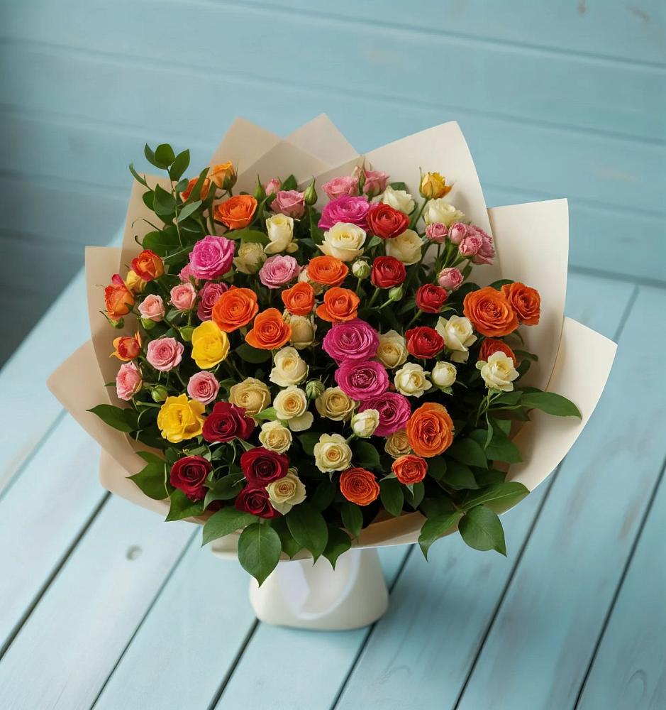 Букет Микс из разноцветных кустовых роз в Станционно-Ояшинском