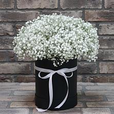 Цветочная композиция из Гипсофила в шляпной коробке в Станционно-Ояшинском