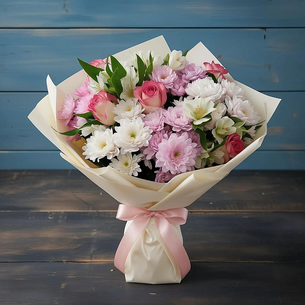 Букет цветов из: Хризантемы, Альстромерии и Розы в Станционно-Ояшинском